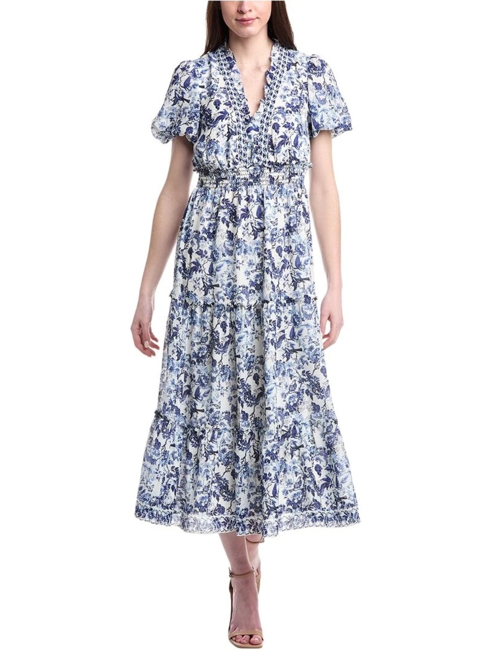 Max Studio Blue and White Floral Tiered Midi Dress
